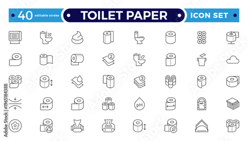 Toilet Paper Tissue Icon Set with Hygiene, Bathroom, Soft Cotton, Biodegradable Wipe, Napkin, and Sanitary Outline icon for Clean, Fresh, and Modern Personal Care. Editable stroke outline icon.
