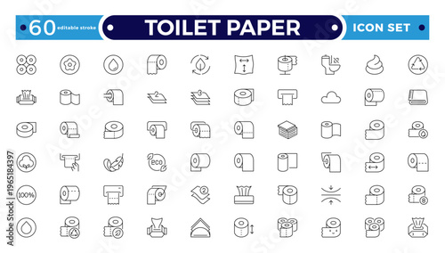 Toilet Paper Tissue Icon Set with Hygiene, Bathroom, Soft Cotton, Biodegradable Wipe, Napkin, and Sanitary Outline icon for Clean, Fresh, and Modern Personal Care. Editable stroke outline icon.
