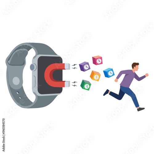 A man runs towards a smartwatch with a magnet attracting colorful app icons.