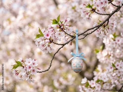 Spring cherry blossom branch with hanging decorative egg