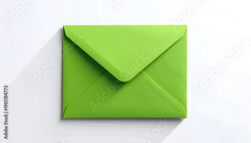 Green paper envelope on white surface casting soft shadow top-down view clean design