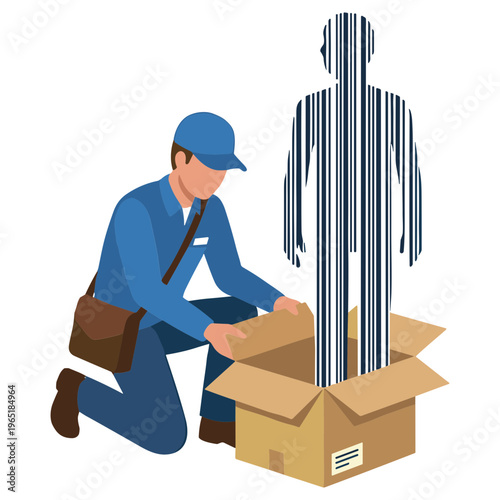 A delivery man unpacks a cardboard box containing a striped humanoid figure.