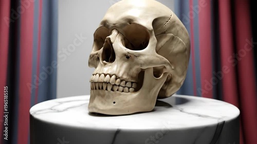 Slow dolly in of human skull on marble pedestal revealing anatomical details against draped curtain backdrop in studio