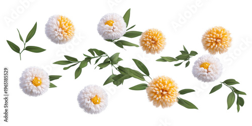 Charming fluffy white and golden yellow pom pom flowers with fresh green foliage elements arranged decoratively for cheerful spring and summer marketing campaigns and elegant event decor.
