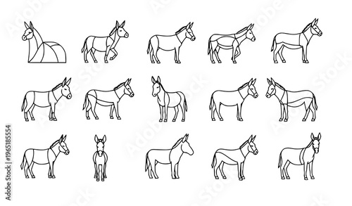 Modern geometric donkey line art set abstract equine silhouettes minimalist vector illustration