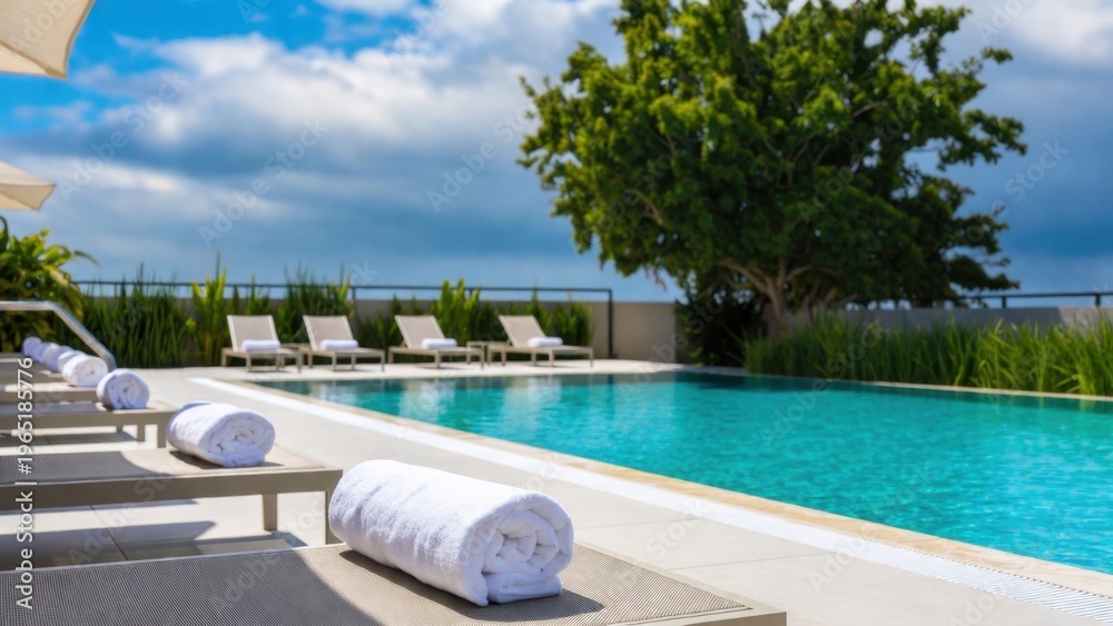 Naklejka premium Rolled towels arranged beside outdoor swimming pool deck
