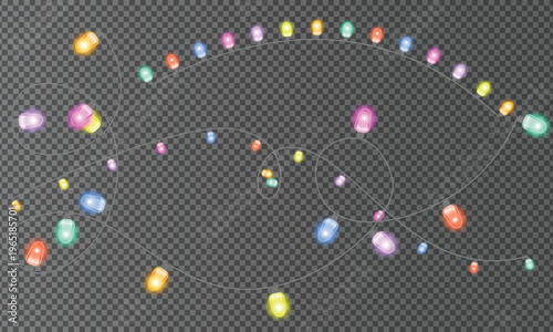 Peach glowing Christmas garland lights. Colorful insulated bulb string on wires, PNG isolated for seasonal celebrations