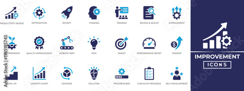 Improvement solid icon set. Includes optimization, productivity raise, upgrade, optimization, research, review, solution, and performance boost icons collection