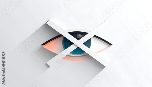 Stylized eye illustration crossed out with overlapping white bars graphic icon design