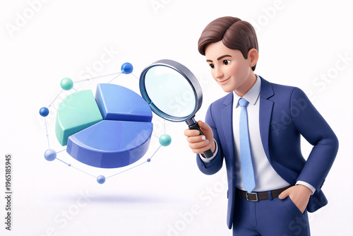 3D character of a financial analyst holding a magnifying glass over a floating 3D pie chart and data nodes