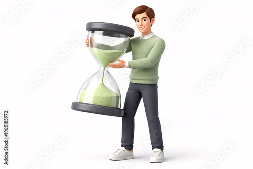 3D character of an employee holding a giant hourglass to manage time and deadlines
