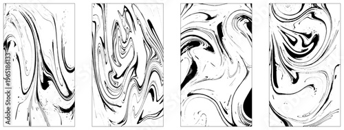 Black and White Liquid Wave Design Collection. Abstract Black and White Liquid Background Set. Black and White Ebru Liquid Bundle.