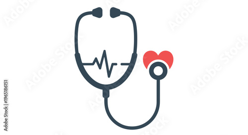 A stethoscope with a heartbeat waveform and red hearts symbolizing healthcare