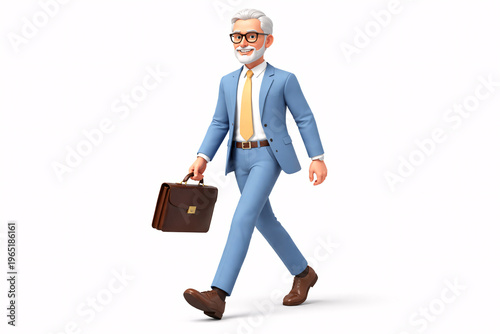 3D character of old man professional in office suit wear carrying a briefcase and walking forward