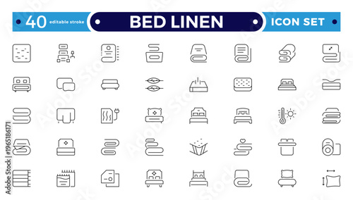 Bed Linen outline Icon Set with Blanket, Pillow, Sheet, Towel, and Duvet Symbols. Soft Cotton Textile Outline Icons for Hotel, Bedroom, Bathroom, and Home Comfort Design. Editable stroke outline icon
