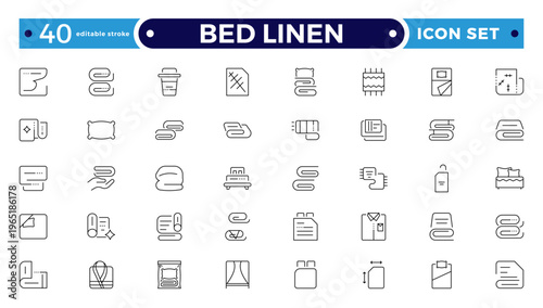 Bed Linen outline Icon Set with Blanket, Pillow, Sheet, Towel, and Duvet Symbols. Soft Cotton Textile Outline Icons for Hotel, Bedroom, Bathroom, and Home Comfort Design. Editable stroke outline icon
