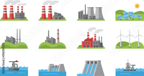 Cartoon power plants and energy sources in colorful vector illustration of renewable and non‑renewable electricity production