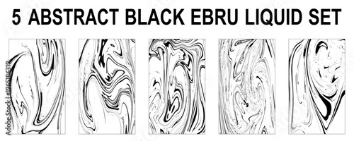 Black and White Liquid Wave Design Collection. Black and White Liquid Abstract Shapes Set. Black and White Ebru Liquid Bundle.