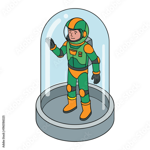 Astronaut in a space suit stands inside a glass dome on a platform