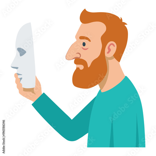 Man holds white mask in front of face in profile view