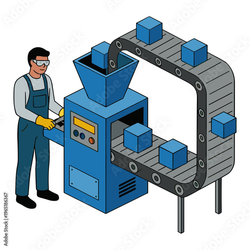 A worker operates a large blue industrial machine with a conveyor belt producing blocks.