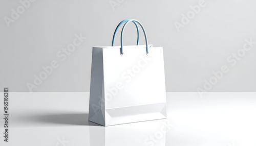 White paper shopping bag with light blue handles on clean white studio backdrop