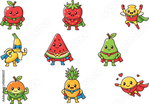 Cartoon superhero fruits in colorful vector illustration promoting healthy food, fun lifestyle, and imaginative design