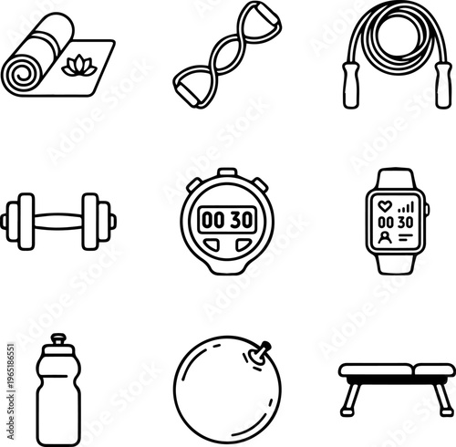 Home workout icons set showing exercise equipment and fitness tracking for personal training