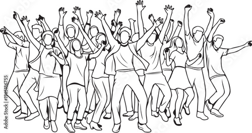 Happy people enthusiastically dancing with arms repssed, celebrating a vibrant event or enjoying a thrilling night out with friends.
