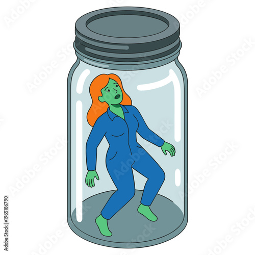 A green-skinned woman in a blue jumpsuit is trapped inside a large jar.
