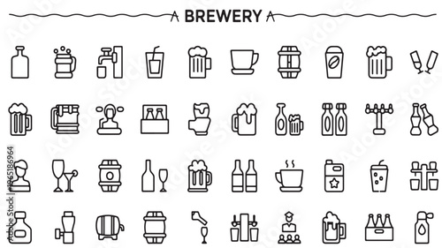 Brewery Icons Vector Set, Beer Brewing Equipment Line Art Symbols for Craft Beer, Pub, Bar and Beverage Branding