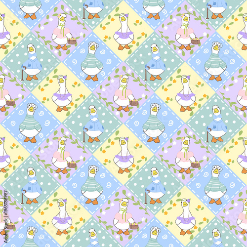 seamless pattern cute duck with flowers
