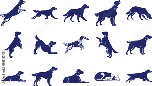 Blue Silhouettes of English Setter Dogs in Various Poses 1