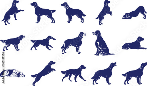 Blue Silhouettes of English Setter Dogs in Various Poses