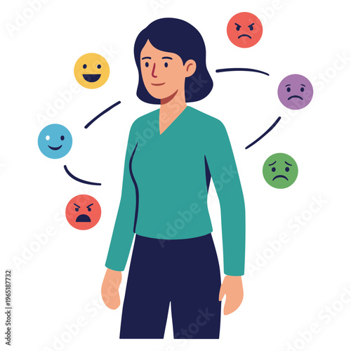 A woman experiences various emotions with emoticons around her.