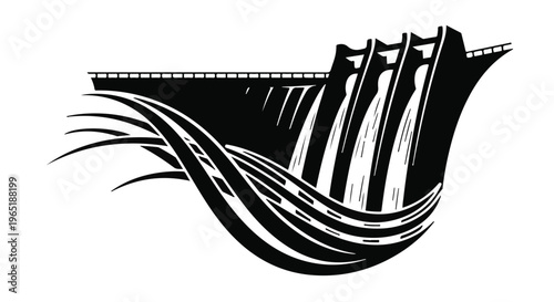 Black and white graphic depicts a hydroelectric dam structure releasing water flow.