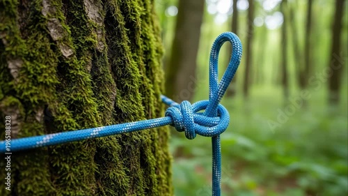 Tracking close up slow motion of blue rope knot being tied and secured on mossy tree trunk in forest woodland during daytime