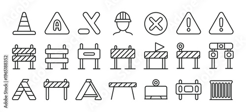 Road block and pedestrian barrier editable stroke thin linear outline icons set, isolated on white background, flat vector illustration for traffic control, construction, and safety design projects.