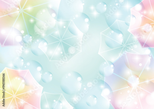 ファンシー傘背景、梅雨、イラスト、かわいい、青、水色
