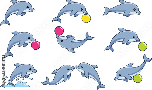 Vector illustration set of cute grey dolphins jumping and playing with colorful balls isolated on white background for marine design.
