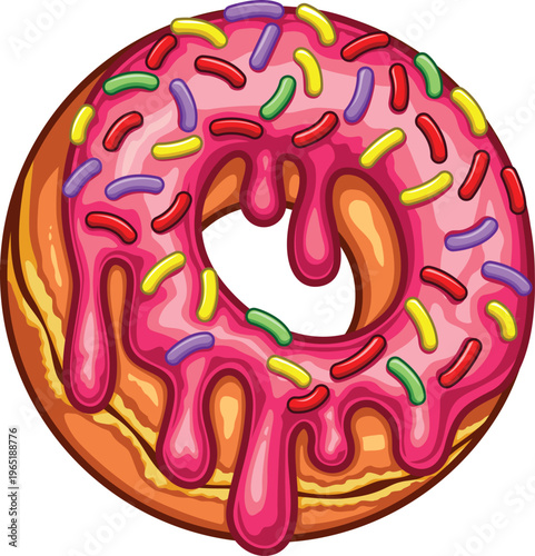 Strawberry Donuts with dripping jam and colorful sprinkles