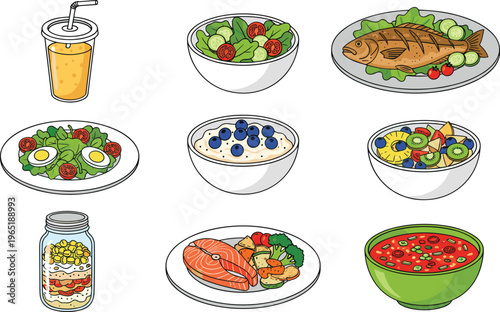 Vector illustration set of healthy meals including fresh salads grilled fish salmon steak fruit bowls and smoothies isolated on white background.