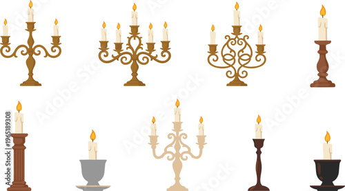 Vector illustration set of vintage gold and wooden candelabras with burning wax candles isolated on white background for interior design