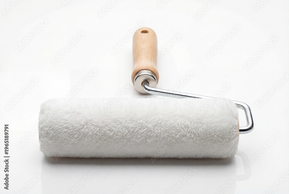 Fototapeta premium Unused white paint roller with a wooden handle isolated on a seamless white surface