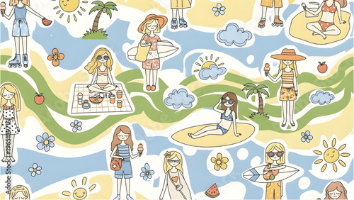 Summer seamless pattern, girls outfits vector, hand-drawn design, fashion illustration, clothing elements, repeat background, cute style