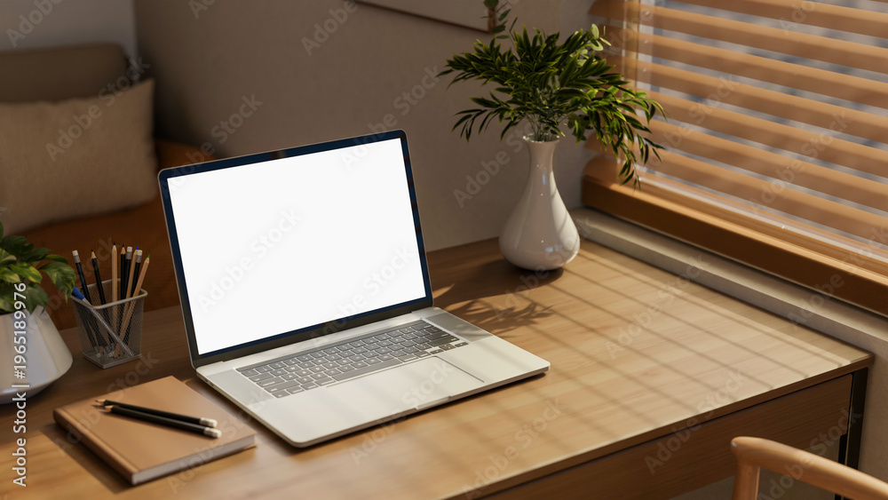 Fototapeta premium White screen laptop with books and potted plant on wooden table with sunlight through window blinds.