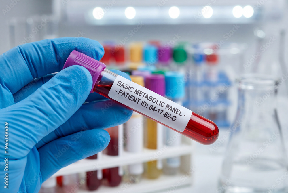Fototapeta premium Hand in blue glove holding a basic metabolic panel blood sample tube