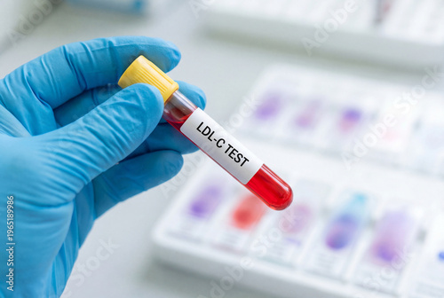 Gloved hand holding an LDL c test blood sample tube in a laboratory