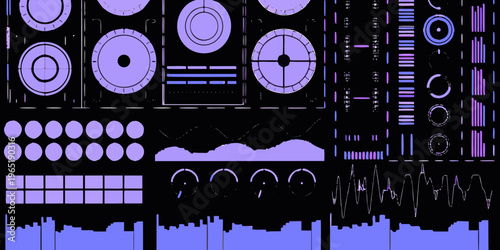 Abstract digital interface with circular gauges and waveform visualizations
