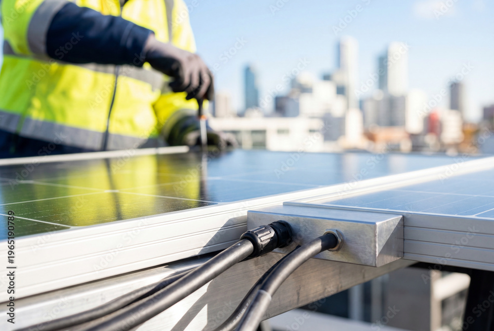 Fototapeta premium Close up of connection point on modern solar panel on roof